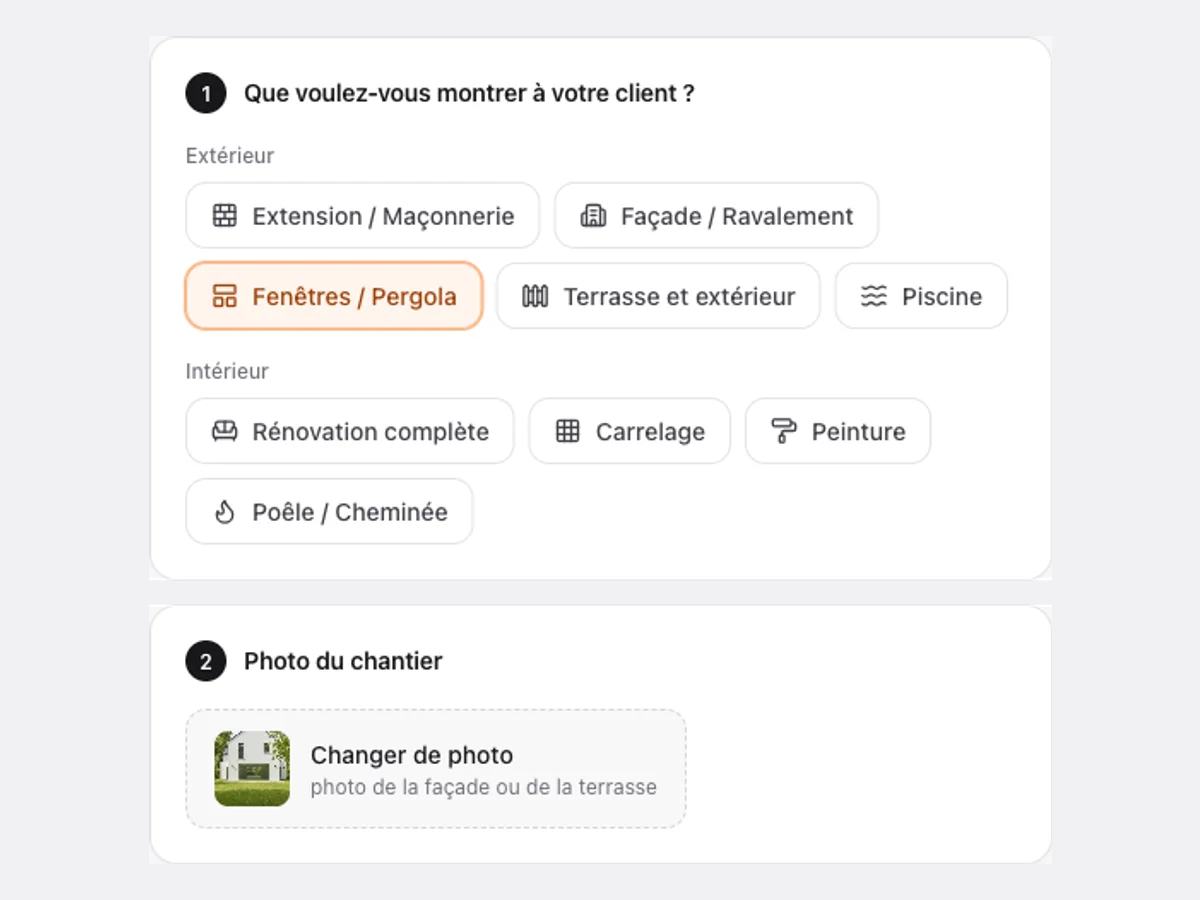 Écran InSito : choix du type de travaux et import de la photo du chantier